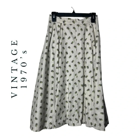 1485. VINTAGE 1970’s PRAIRIE SKIRT FULL SKIRT CREAM/PURPLE/GREEN COLOR FLORAL - Picture 1 of 8